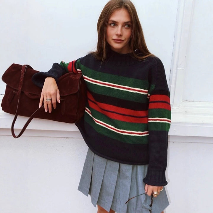 Women Striped Oversize Knit Sweater with Raglan Sleeves Amarae