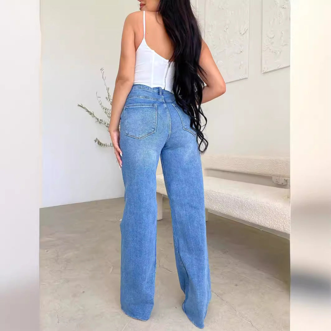 Women's wide-cut jeans with distressed details and high waistband Lune London