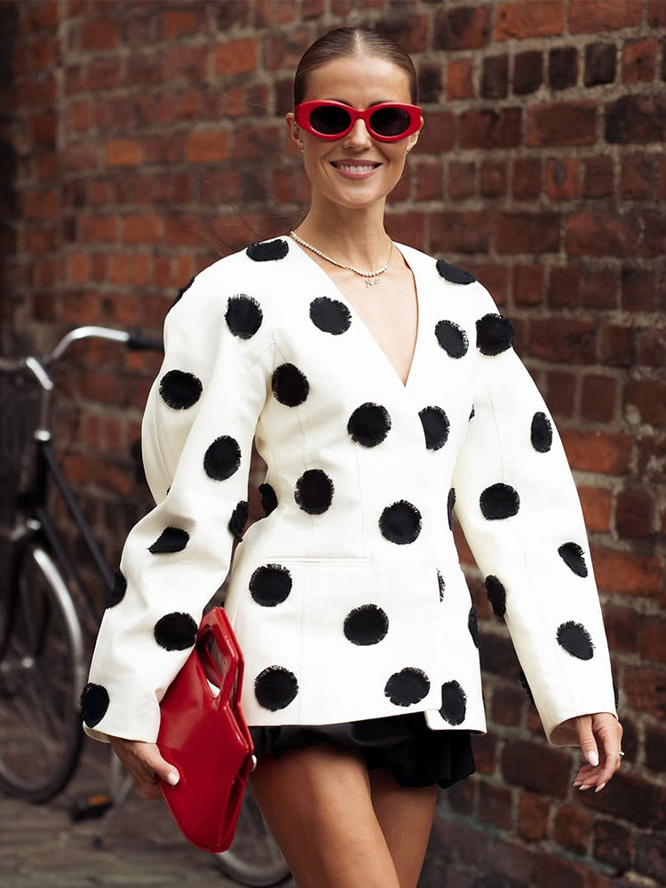 Women's Tailored Blazer with Deep V-Neck, Voluminous Sleeves and Polka-Dot Applications Amarae