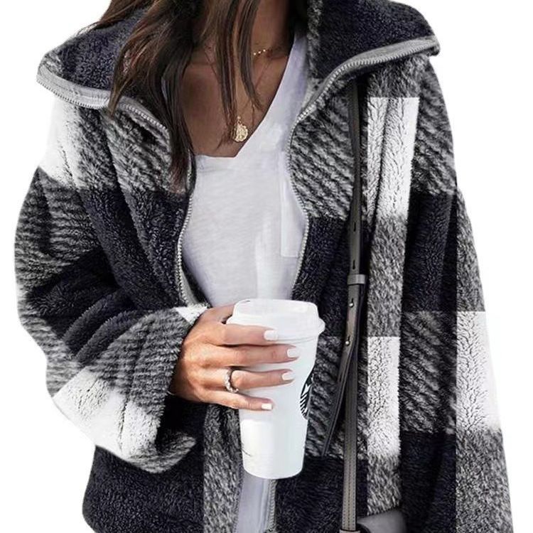 Ladies sweatshirt jacket with checkered pattern and high collar Lune London