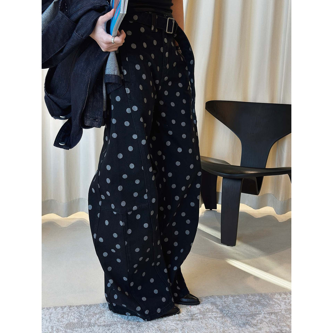 Women Wide High-Waisted Jeans Pants with Polka Dot Pattern and Wide Leg Amarae