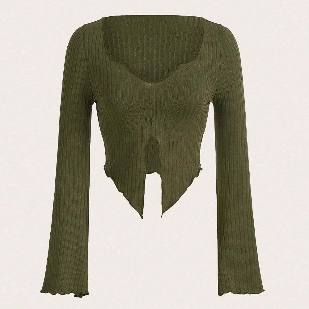 Chemise pour femme à manches longues cropped avec ourlet asymétrique et détails de volants à la mode Chic & Stil