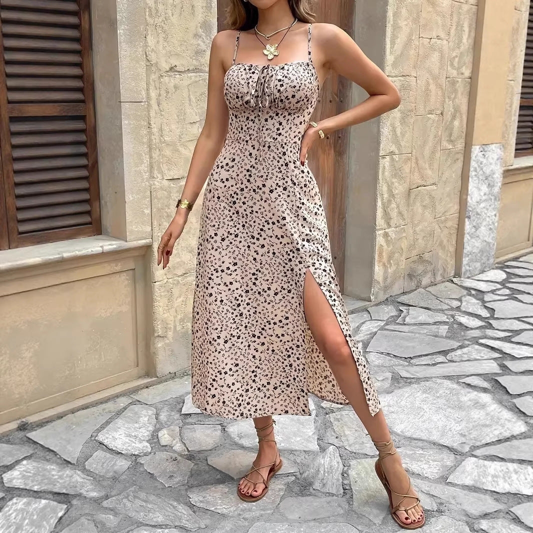 Women's summer maxi dress with adjustable spaghetti straps and side slit Lune London