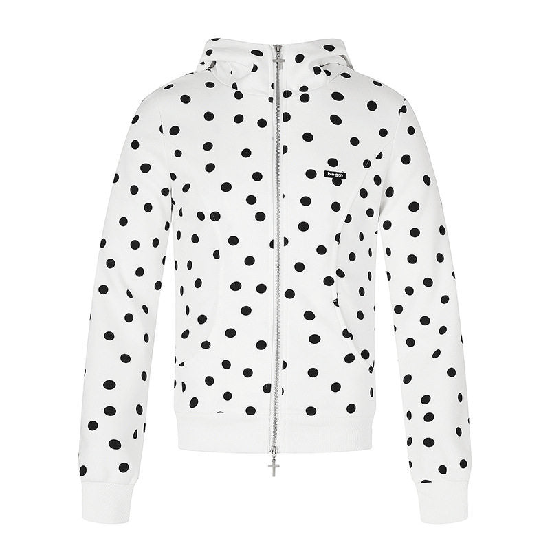 Women's Figure-Hugging Hooded Sweat Jacket with Polka Dot Pattern, Metal Front Zipper and Kangaroo Pockets Amarae