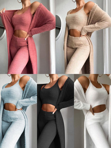 Comfortable lounge set for ladies in fine fleece with open cardigan and crop-top Amarae