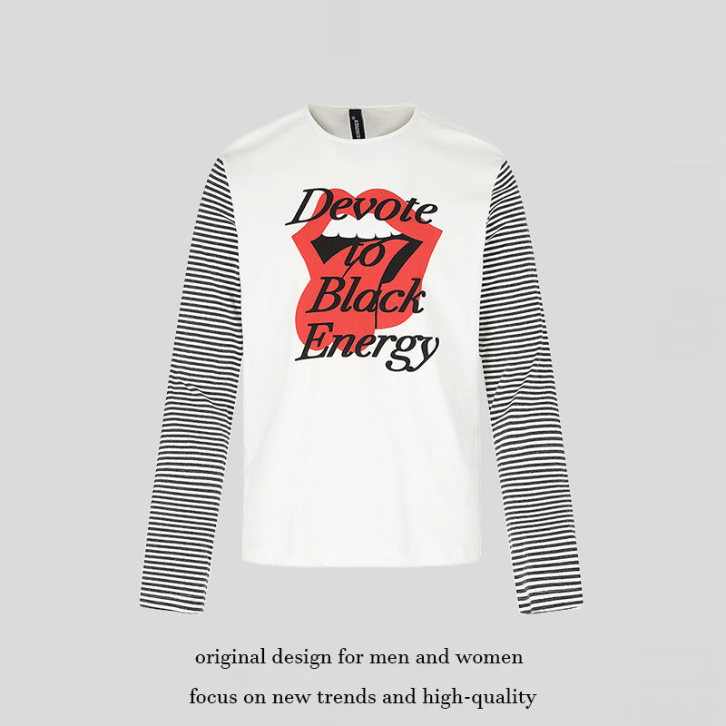 Men's Long Sleeve Shirt with Contrast Stripe Sleeves and Large Lip Statement Print Amarae