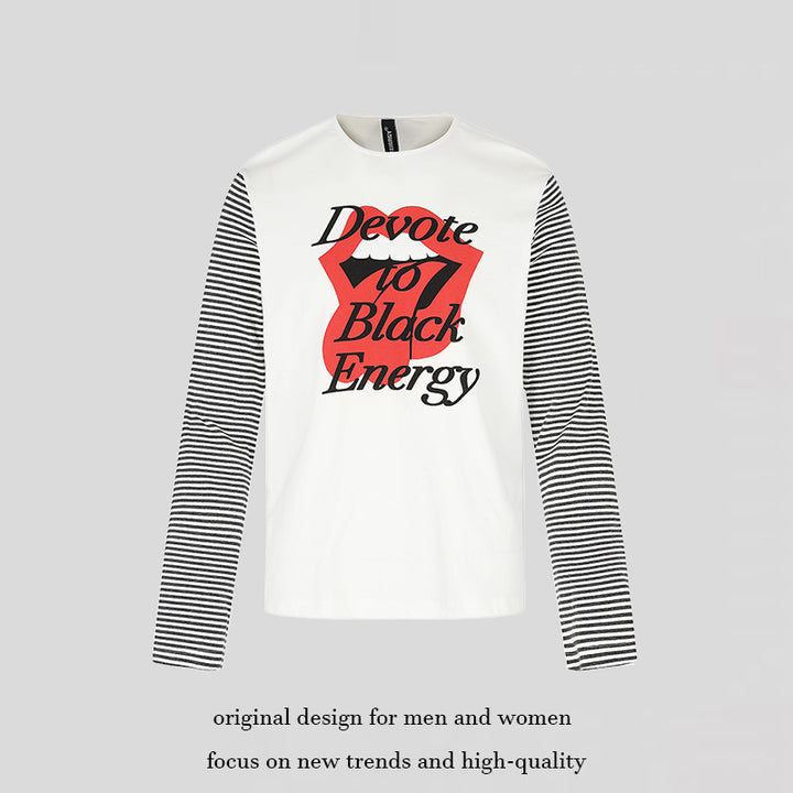 Men's Long Sleeve Shirt with Contrast Stripe Sleeves and Large Lip Statement Print Amarae
