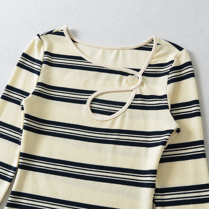 Women's Striped Fine Knit Top with Asymmetric Heart Button Detail