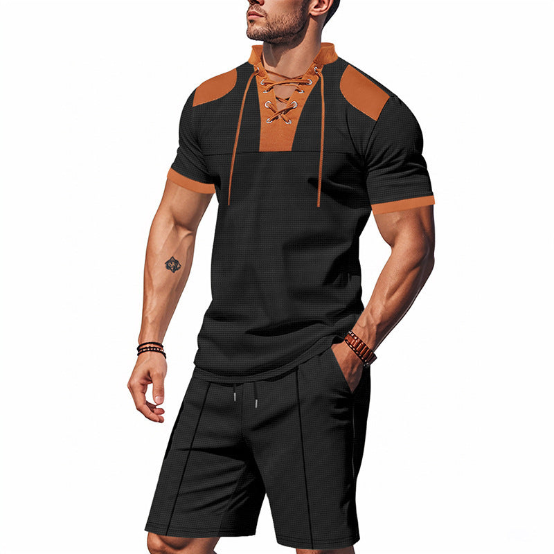 Men's polo shirt with a unique lacing design and matching shorts Lune London