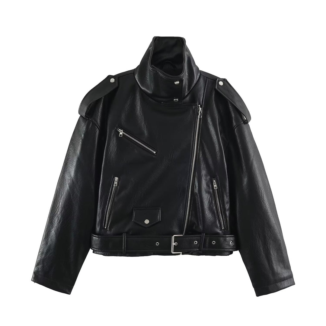 Men's biker leather jacket with high stand-up collar, shoulder flaps and waist belt Amarae
