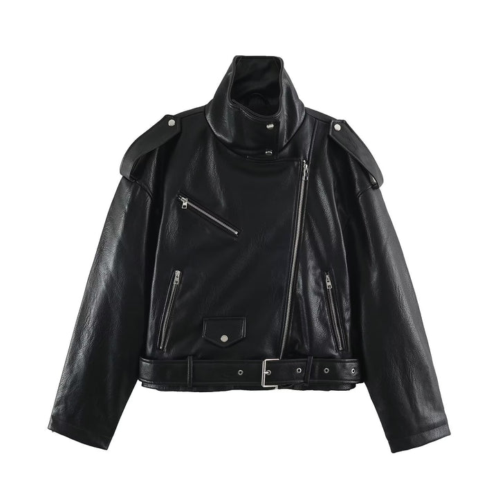 Men's biker leather jacket with high stand-up collar, shoulder flaps and waist belt Amarae