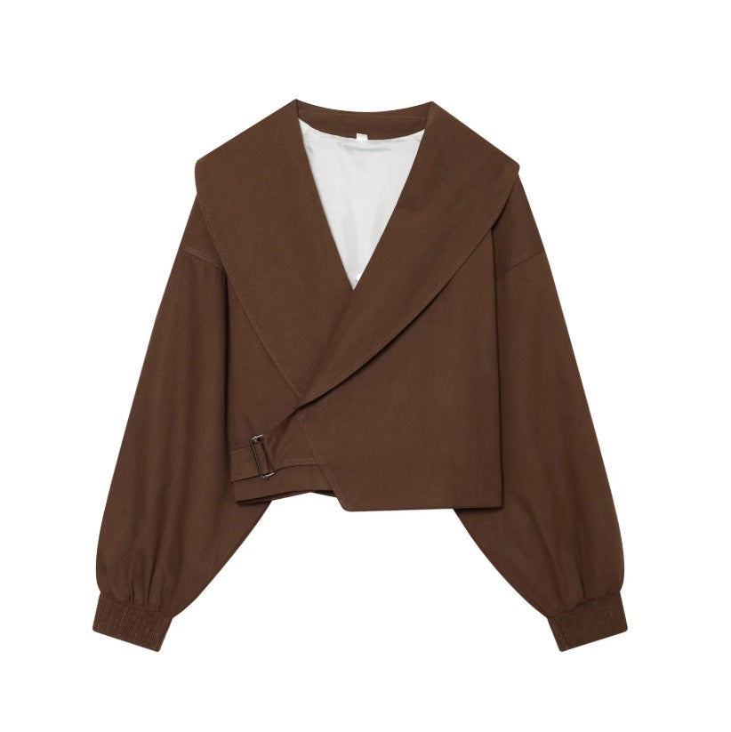 Women's short jacket with wide sailor collar, balloon sleeves, and asymmetrical buckle closure Amarae