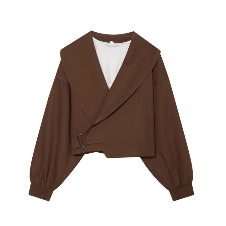 Women's short jacket with wide sailor collar, balloon sleeves, and asymmetrical buckle closure Amarae
