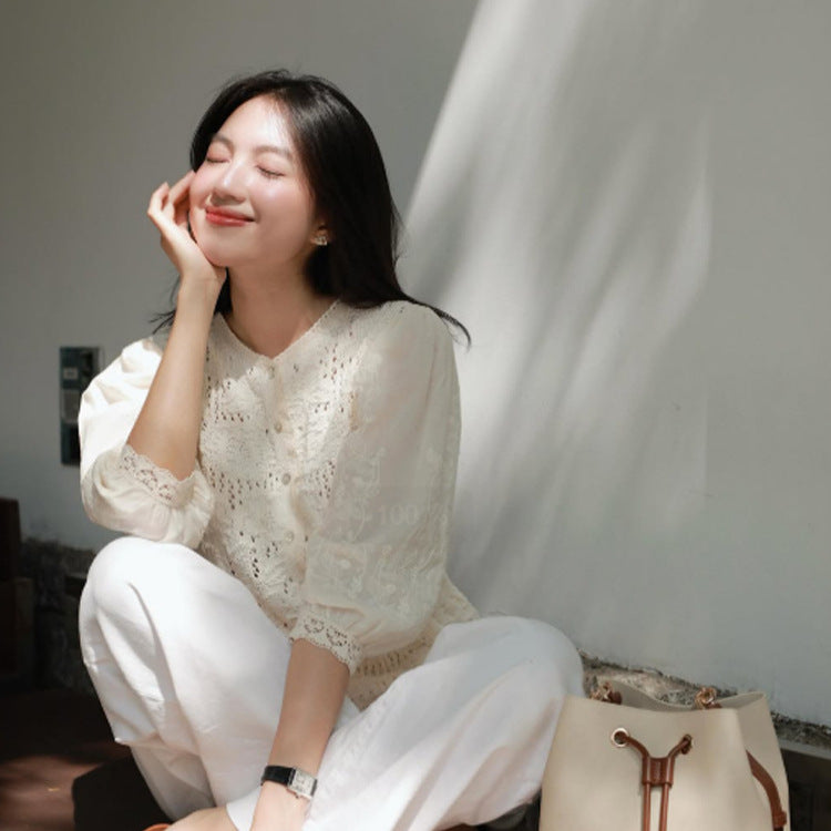 Women's Romantic Crochet Blouse with Continuous Button Placket, V-Neck and Three-Quarter Balloon Sleeves Amarae