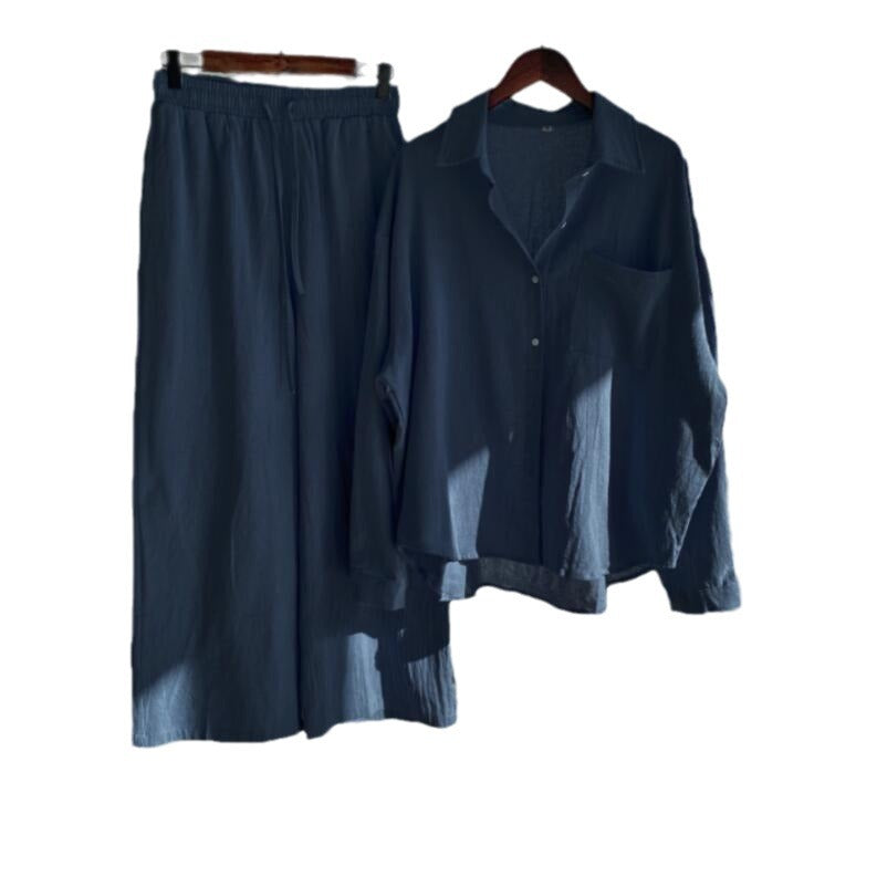 Women's Loose-Fitting Two-Piece Viscose Loungewear Set with Shirt Blouse and Wide Palazzo Pants Amarae