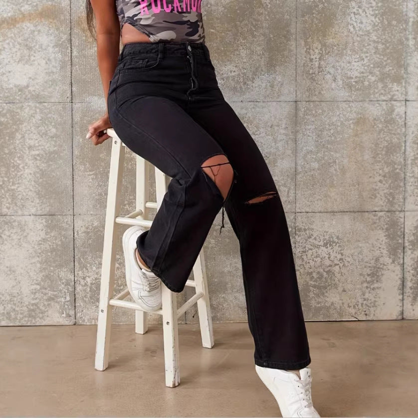 Ladies High-Waist Straight Jeans with wide leg, knee rip and textured denim look Amarae