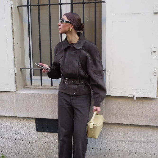 Ladies Fashionable Suede Jacket with Waist Belt Lune London