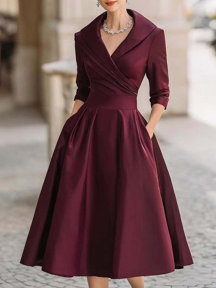 Women's Elegant Satin Midi Dress with Wrap Top, Mid-Length Sleeves and Side Pockets Amarae