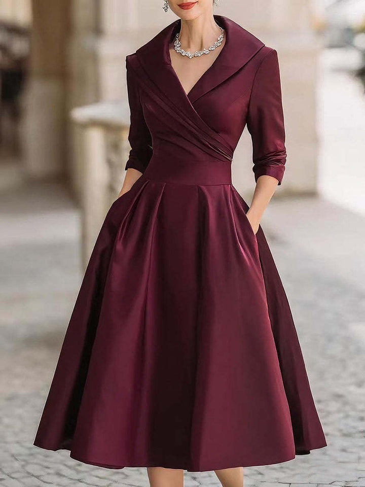 Women's Elegant Satin Midi Dress with Wrap Top, Mid-Length Sleeves and Side Pockets Amarae