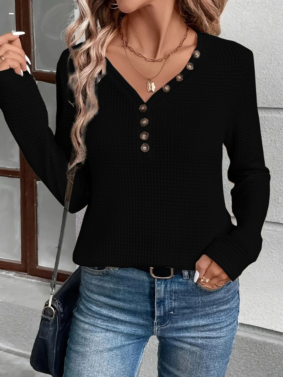 Long sleeve blouse with embossed structure for women with button flap Lune London