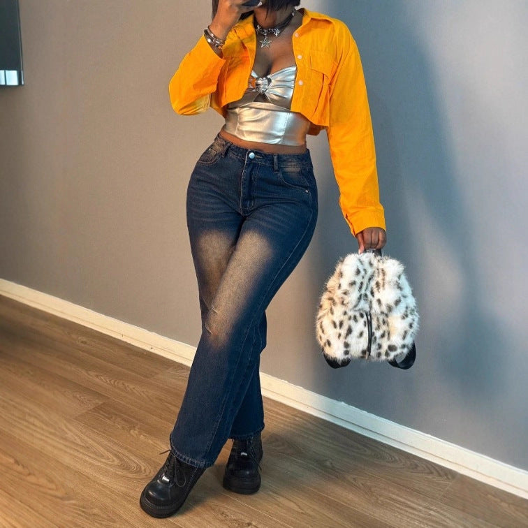 Women Cropped Boxy Shirt Jacket with Oversized Sleeves and Short Cut Amarae
