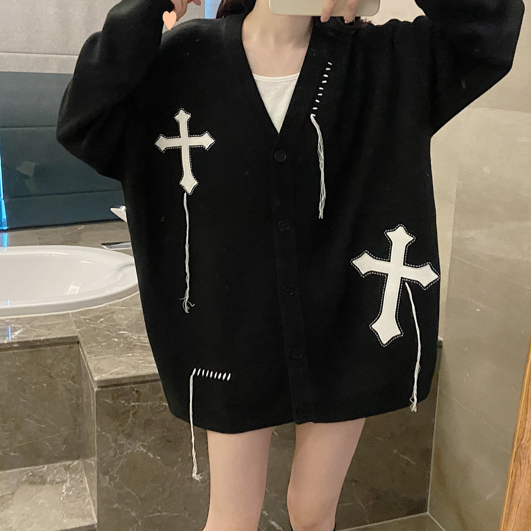 Ladies fashion cardigan with crossed applications and button details Lune London