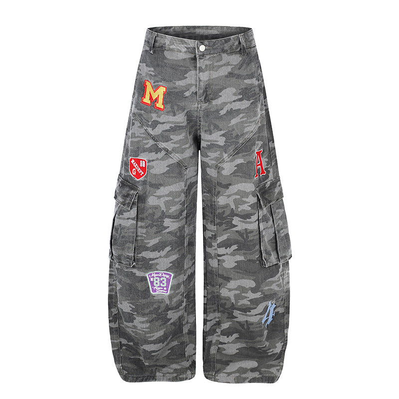 Women's Wide Cargo Pants in Camouflage Look with Applications and Multi-Pockets Amarae
