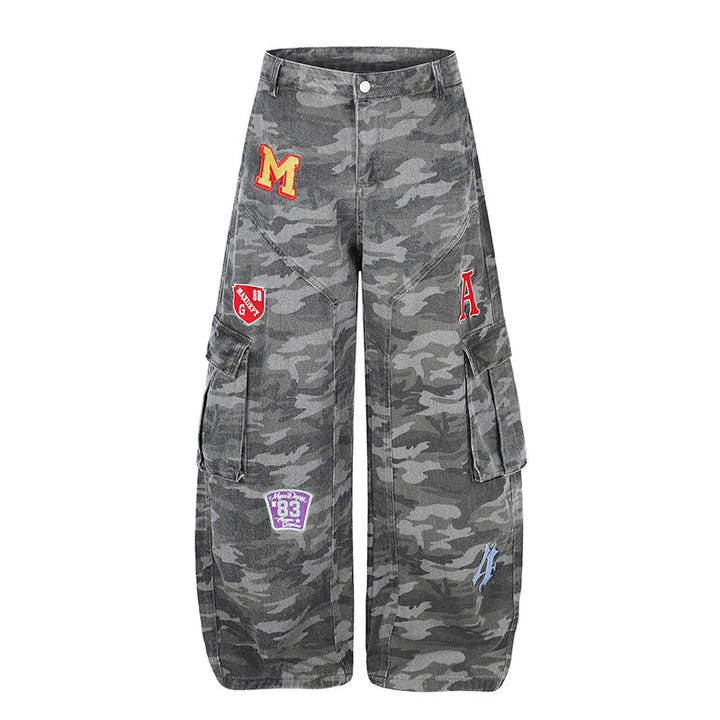 Women's Wide Cargo Pants in Camouflage Look with Applications and Multi-Pockets Amarae