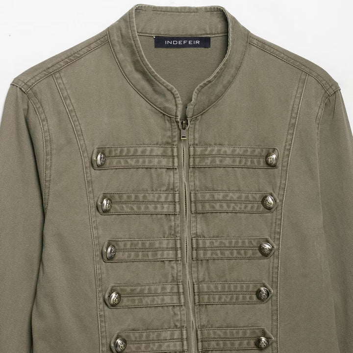 Ladies military-inspired short jacket with stand-up collar, decorative flaps and zipper Amarae