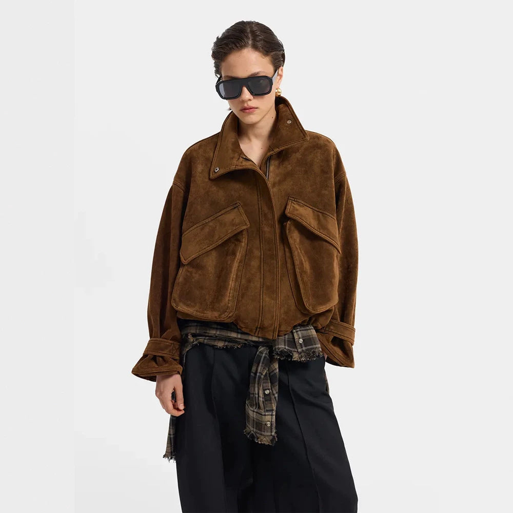 Ladies Oversize Suede Blouson with Large Flap Pockets and Stand-up Collar Amarae