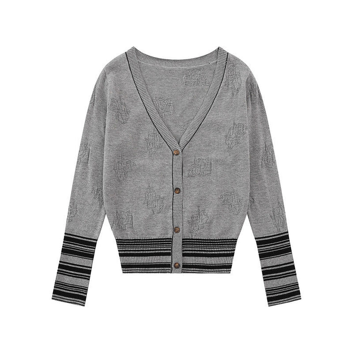 Ladies cardigan with V-neck, fine jacquard pattern and contrasting cuffs Amarae
