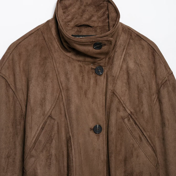 Women's short jacket in suede look with high stand-up collar, decorative dividing seams and tie belt Amarae