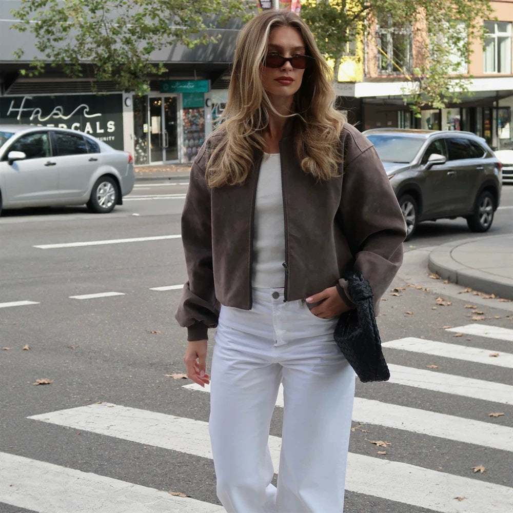Women's Short Boxy Suede Bomber Jacket with Stand Collar and Ribbed Cuffs Amarae