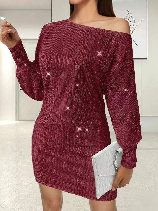 Glamorous mini dress for women with asymmetric sleeve design and sparkling effects Lune London