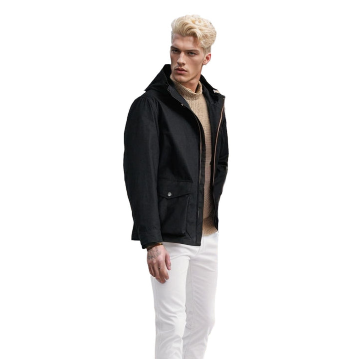 Functional transition jacket for men with adjustable hood collar Lune London