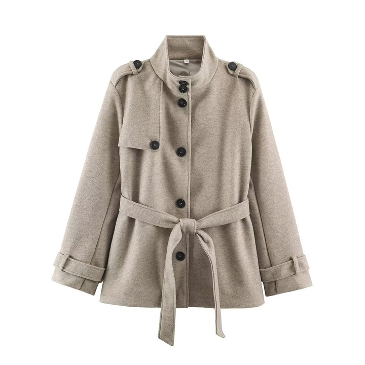 Women’s short trench coat made of wool blend with stand-up collar, epaulettes, and tie belt Amarae