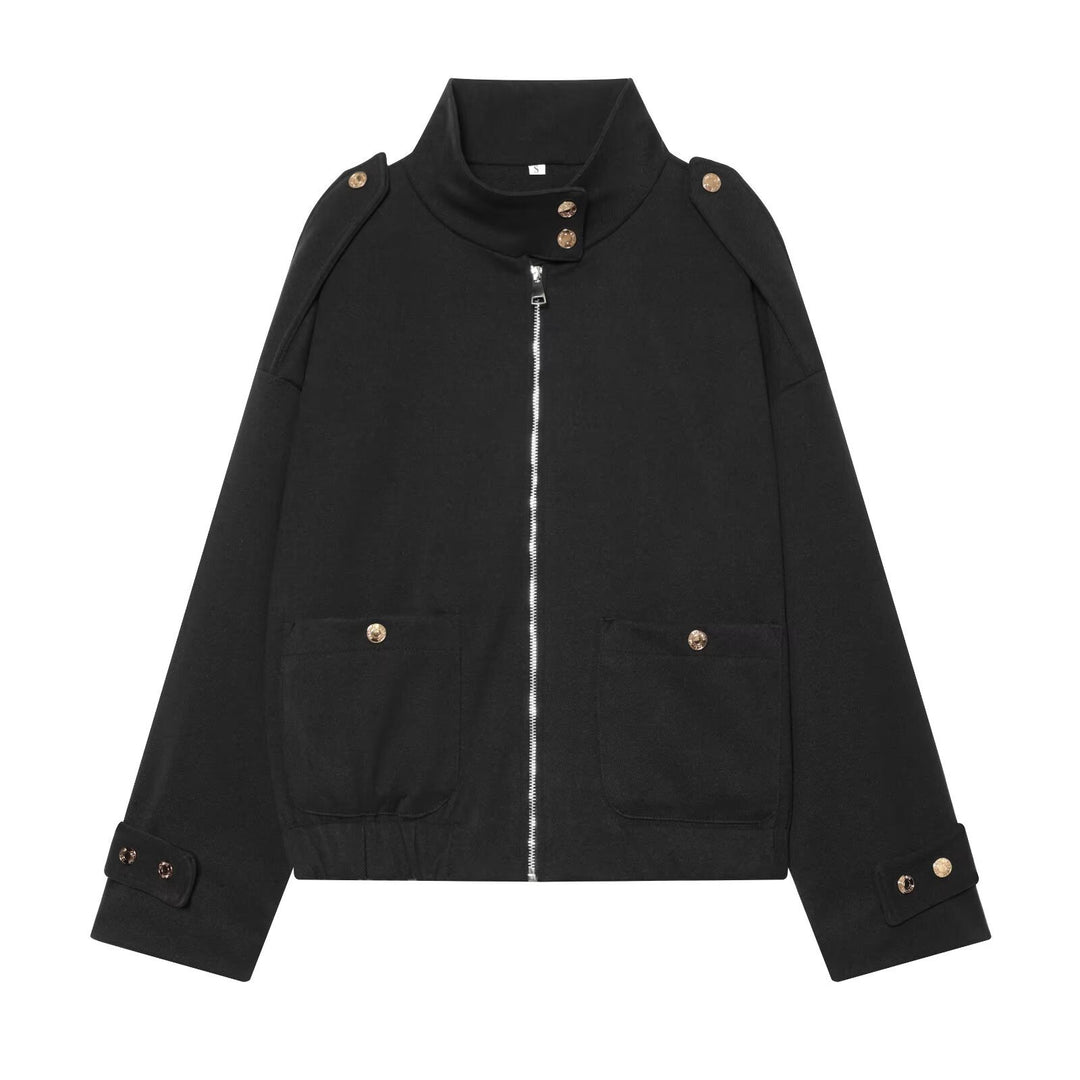Women Cropped Utility Jacket with high collar, shoulder epaulettes and flap pockets