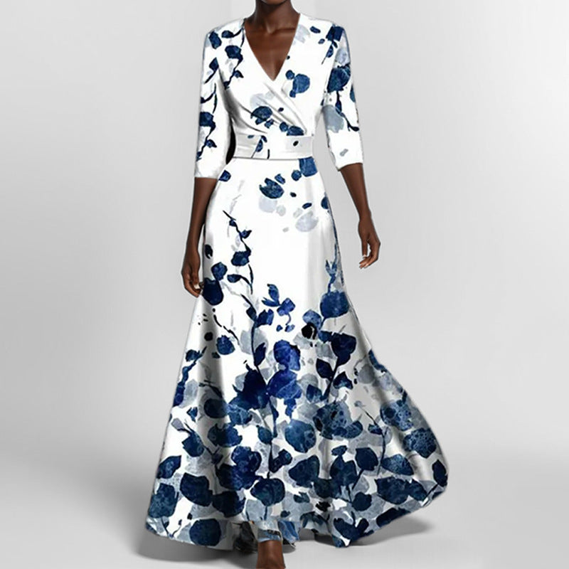 Lune London | Elegant V-Neck Printed Waist Dress with Peplum
