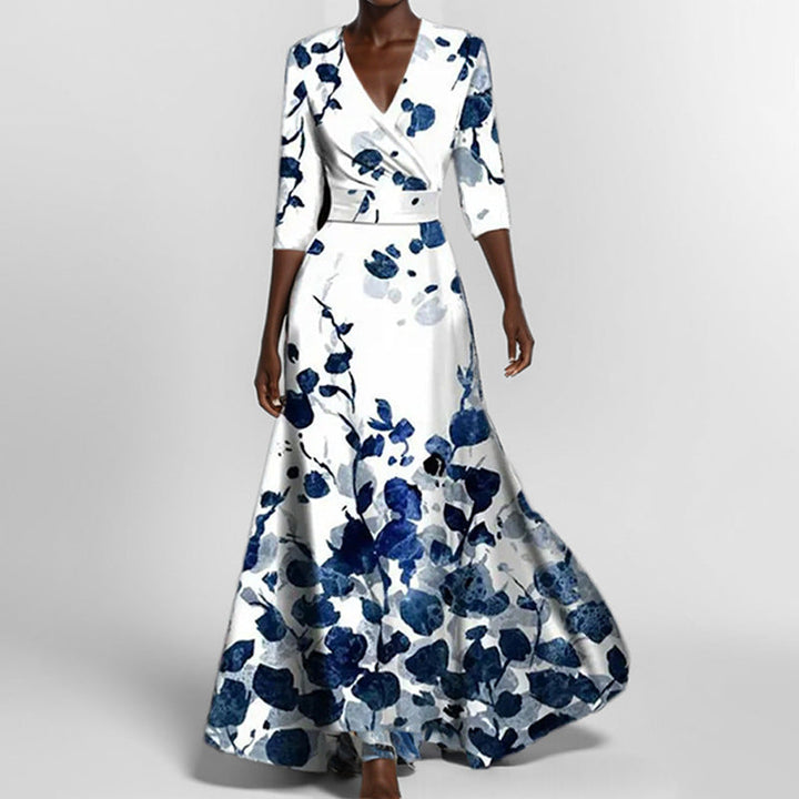 Lune London | Elegant V-Neck Printed Waist Dress with Peplum