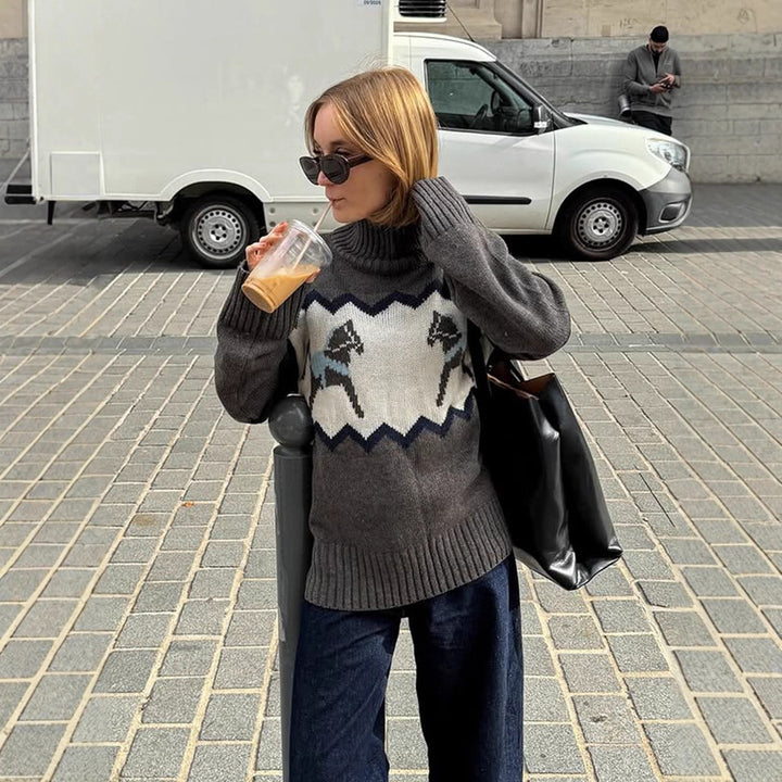 Women's Oversize Turtleneck Sweater with Norwegian Intarsia and Ribbed Cuffs Amarae