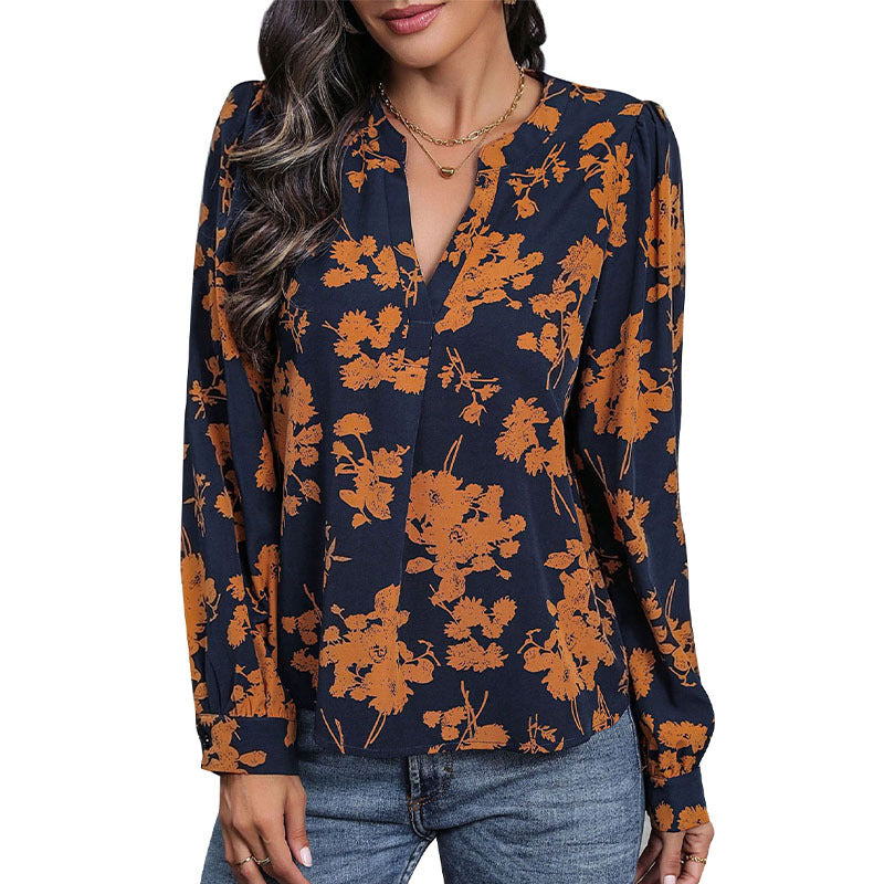 Floral blouse for women with V-neck and puffed sleeves Lune London