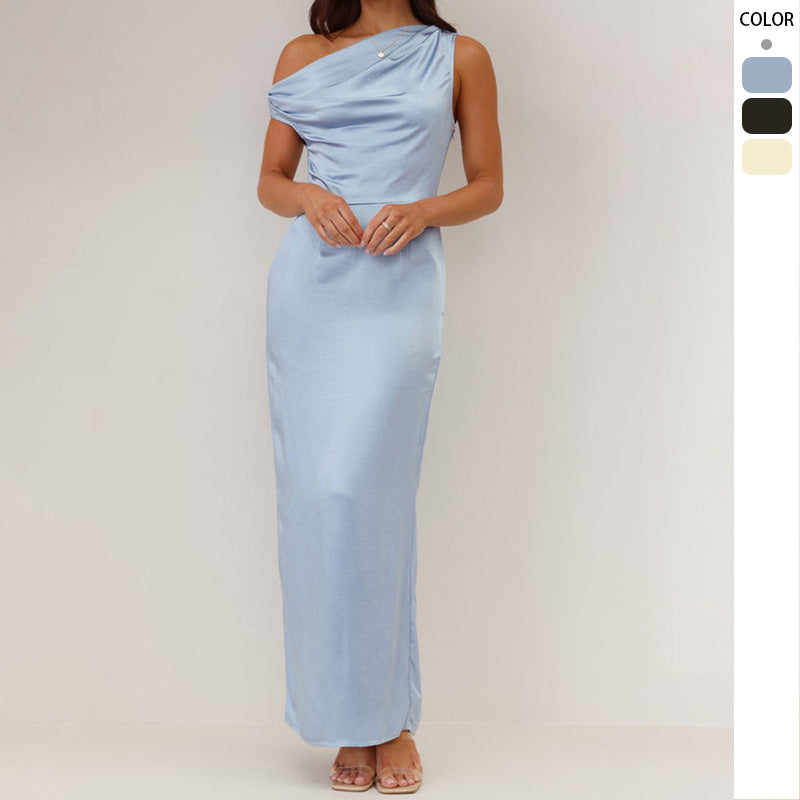 Maxi Chic Dress for Women with Asymmetrical Neckline and Chic Ruched Detail & Stil
