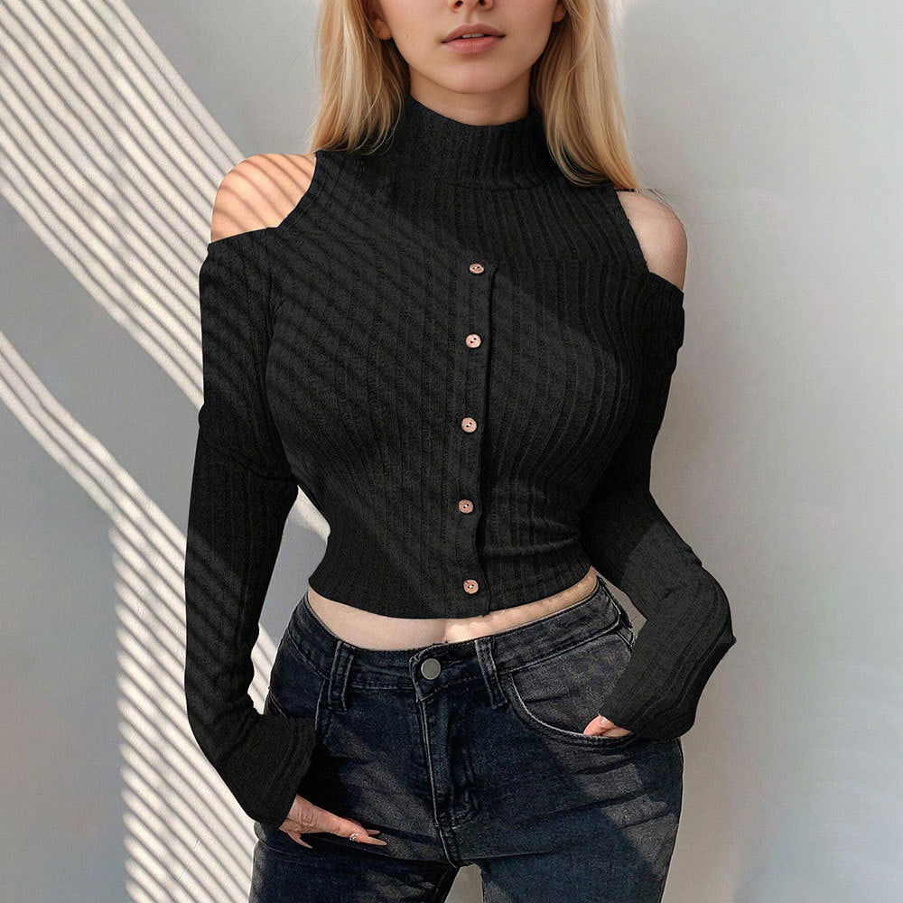 Pull long à manches longues pour femmes, cropped, avec des détails à épaules dénudées et fermeture à boutons Chic & Stil