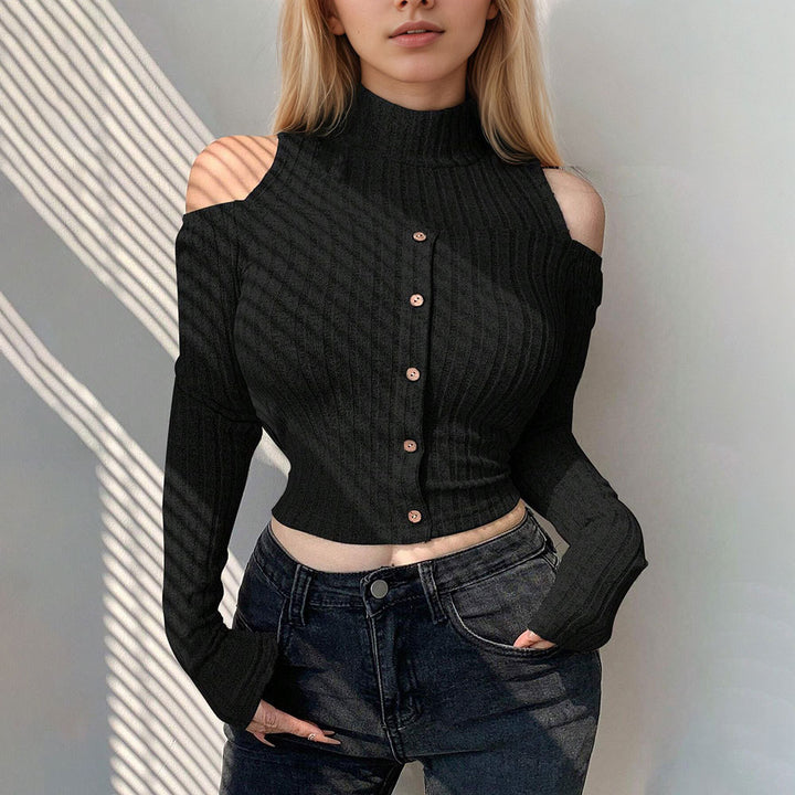 Pull long à manches longues pour femmes, cropped, avec des détails à épaules dénudées et fermeture à boutons Chic & Stil
