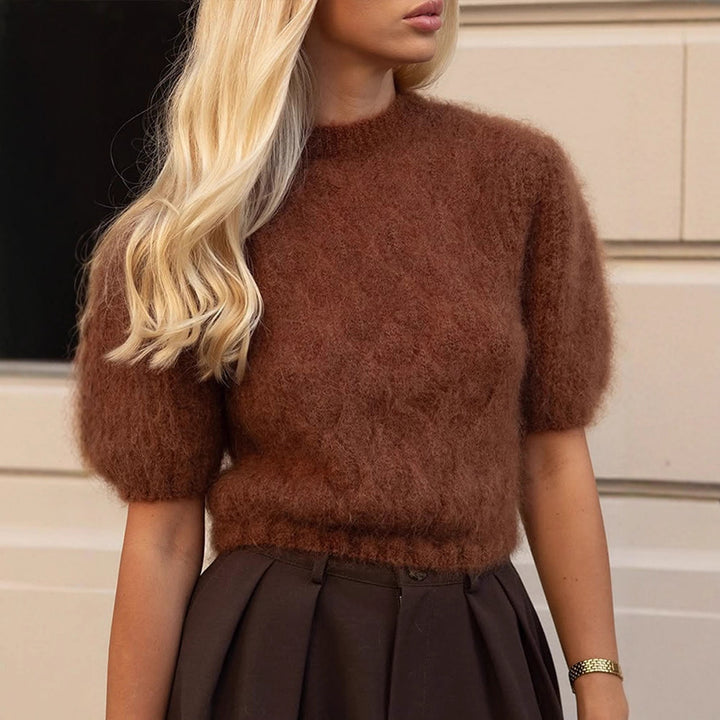Women's Soft Short-Cut Mohair Blend Sweater with Short Sleeves and Stand-Up Collar Amarae