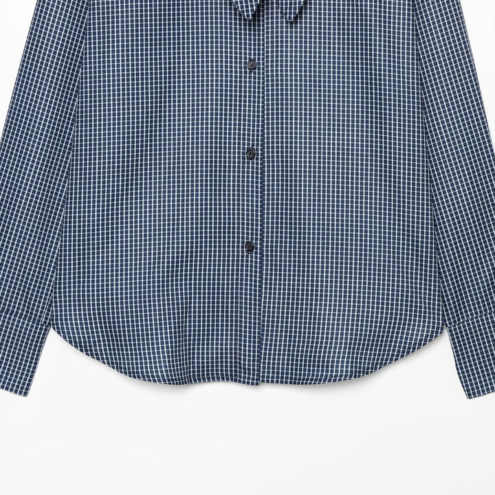 Women’s checkered blouse with bow collar and full button closure Amarae