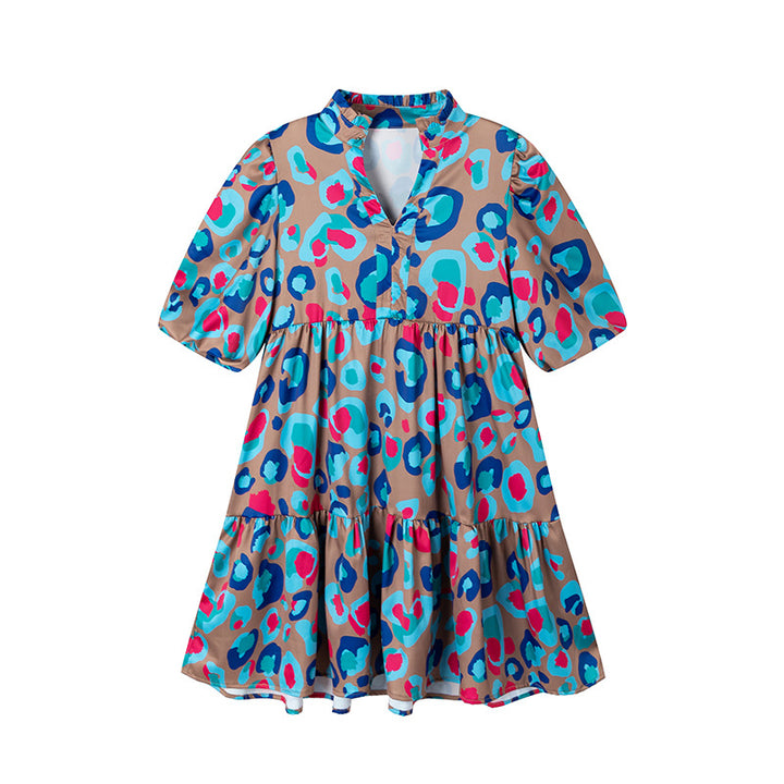 Short ruffled fluid dress for women with colorful print Lune London