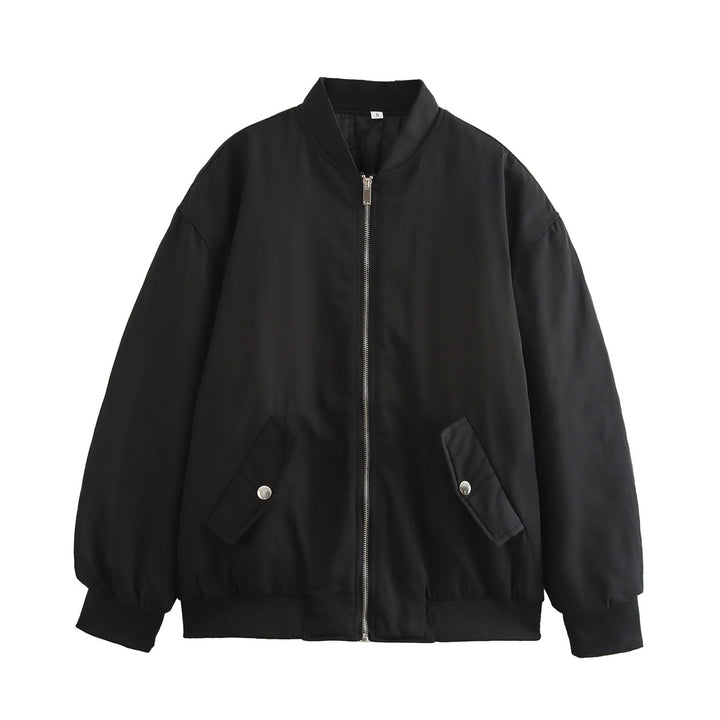 Women Boxy Bomber Jacket in Oversized Look with Zipper and Slanted Flap Pockets Amarae