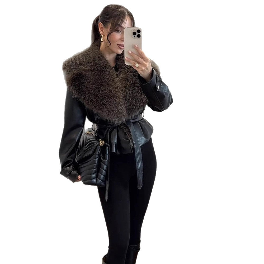 Women's tailored faux leather jacket with voluminous faux fur shawl collar and tie belt Amarae