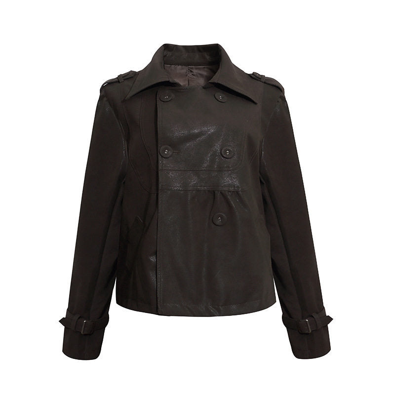 Women's Cropped Double-Breasted Leather Jacket in Trench Style with Epaulettes Amarae